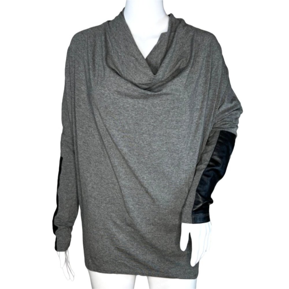 Wyatt Collection Top Womens Small Gray Black Vegan Leather Accents Cowl Neck‎
